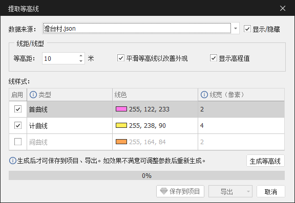 提取等高线面板