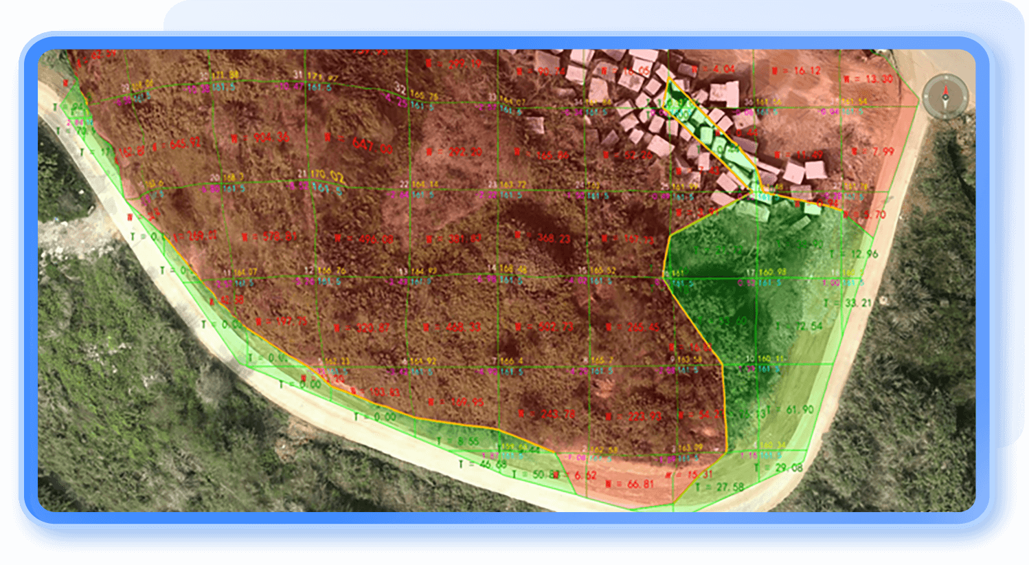 图新地球5土方量计算操作界面：利用方格网法、断面法、三角网法计算指定区域的土方量，支持两期数据土方对比和导出CAD土方图与Excel土方报告。