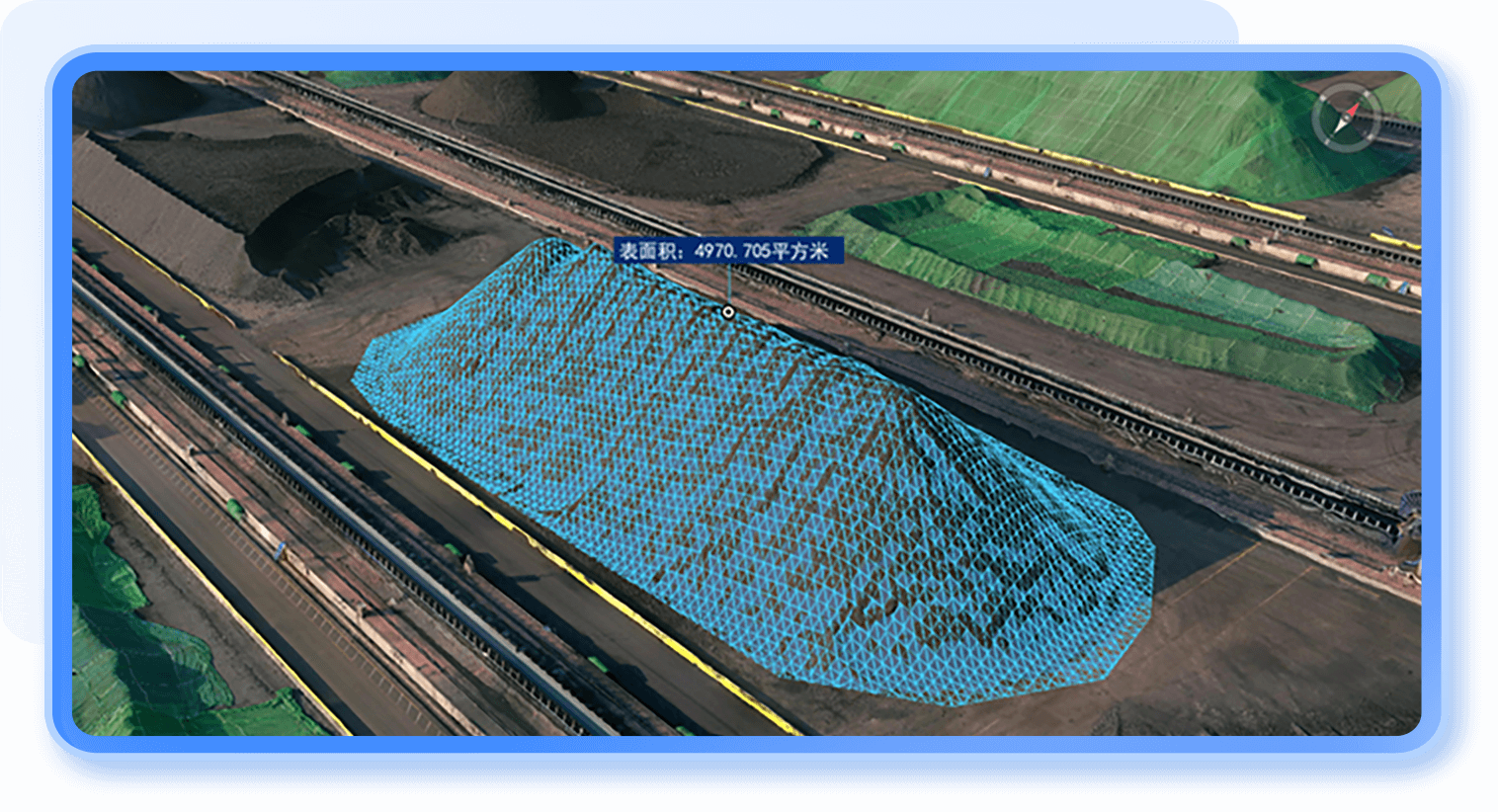 图新地球5表面积计算操作界面：基于高精度地形或无人机倾斜模型，实时提出施工设备、植被等影响因素，通过可视化的交互操作，计算三维物体表面积，计算结果可以导出Excel报表。